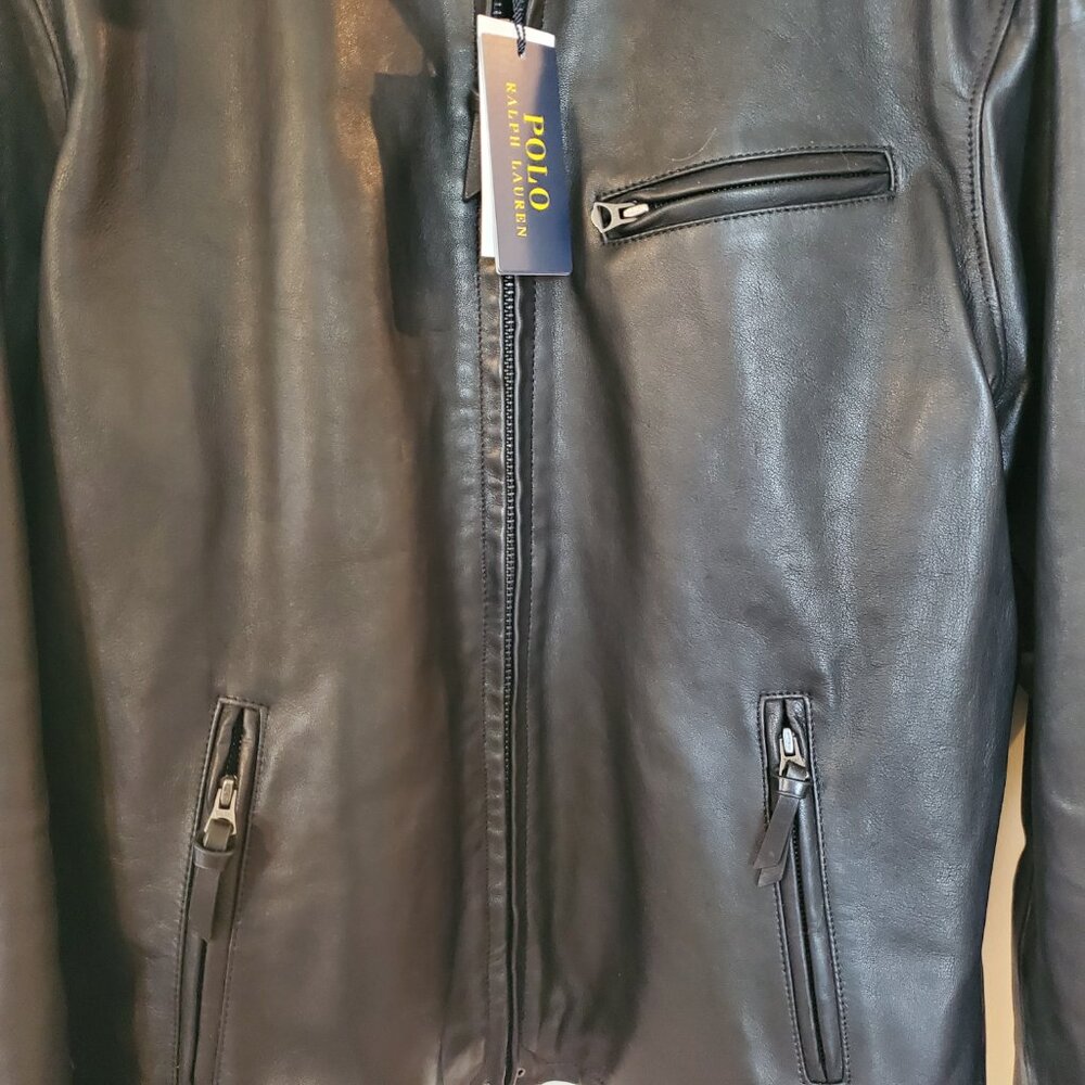 NWT Polo Ralph Lauren Men's Cafe Racer sheepskin leather jacket Polo Black Sz L - Picture 10 of 16